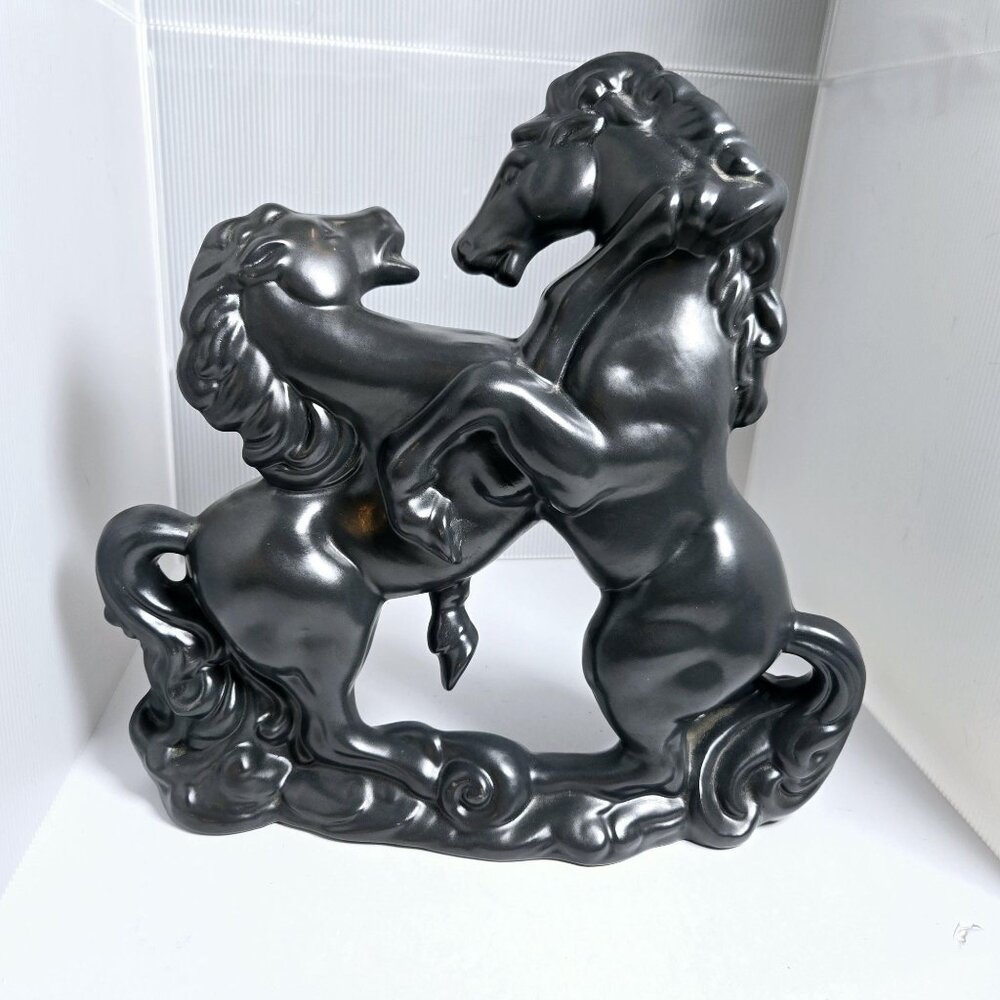 Black Ceramic Fighting Stallions Signed 1982 Mid-Century Modern Studio Art